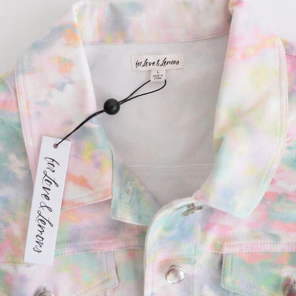 For Love  & Lemons Delphine Tie-Dye Print Cropped Denim Button Up Jacket L NWT - Picture 11 of 13